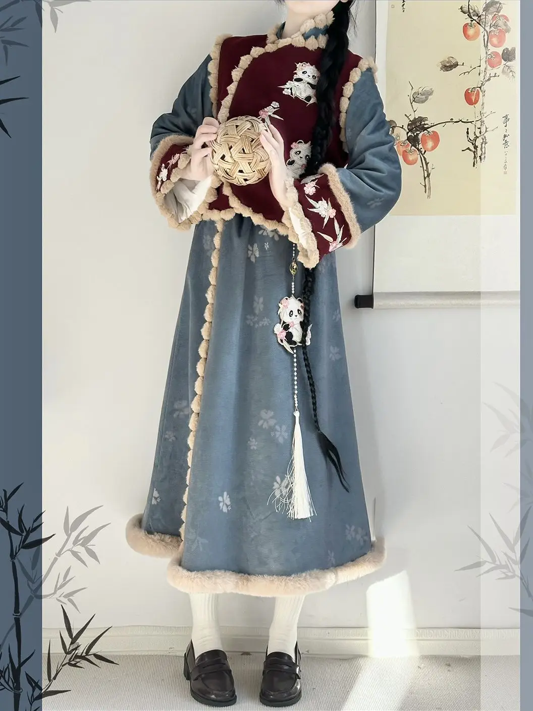 

Japan Hanfu Round Velvet New Chinese-Style Vest Fake Two-Piece Improved Cheongsam For Autumn And Winter To Keep Warm