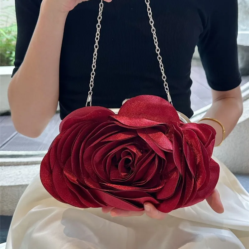 

New Chinese Retro Dinner Bag Flower Hand Holding Women's Bag Gentle Cheongsam Solid Color Rose Crossbody Hand Carrying Small Bag