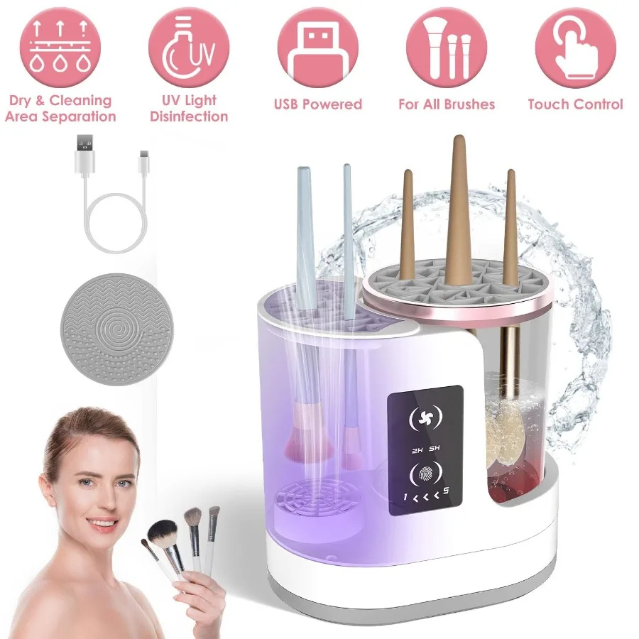 

4 In 1 Electric Makeup Brush Cleaner USB Powered Automatic Brush Blender Machine with Timer Digital Display Cleaning Drying UV