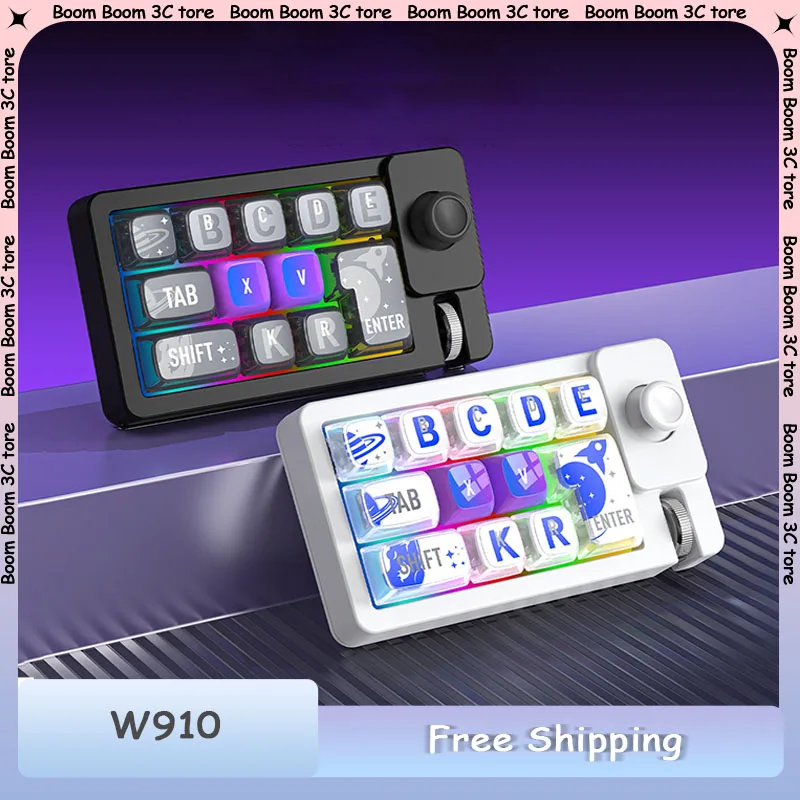 

MKESPN W910 Bluetooth Wired USB Wireless Keyboard Hot Swap Tri-mode Mechanical Keyboard with Roller 12Keys Programmer Keypad