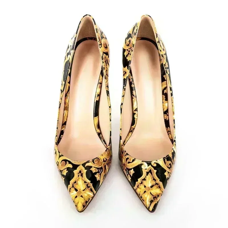 2025 Brand New Fashion Printed Toe Pumps for Women Sexy Pointed Toe Elegant Shiny Leather High Heels Big Size Shoes 43 45 47