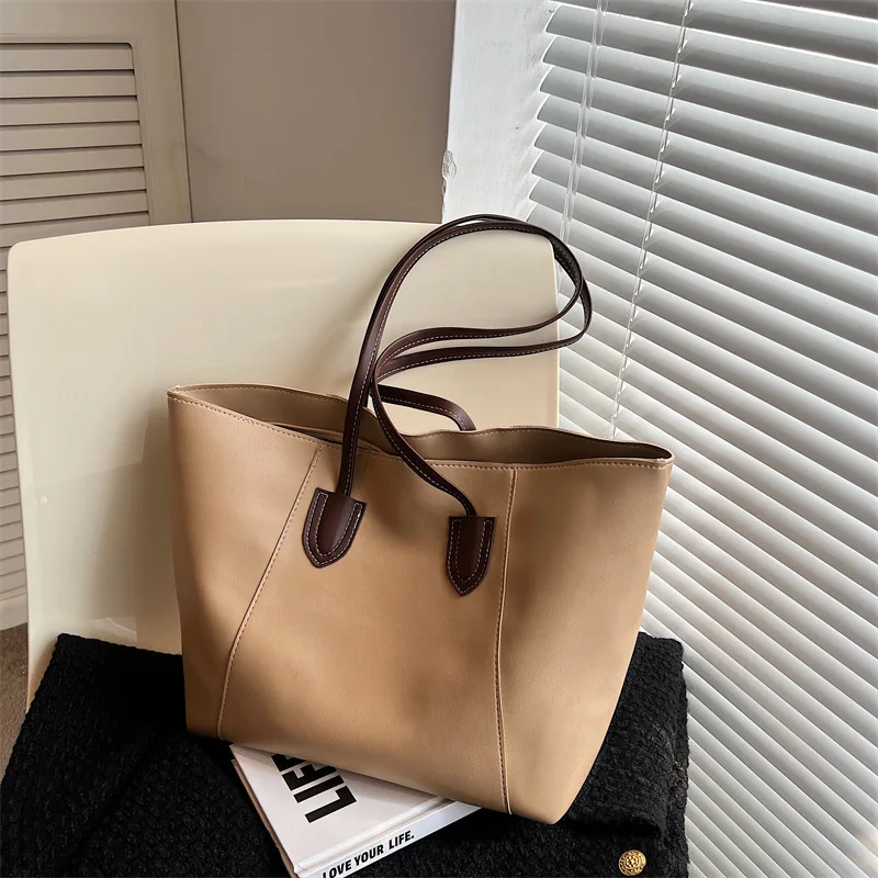 TRAVEASY 2024 Large Capacity PU Leather Bucket Tote Bags for Women Fashion Solid Color Zipper Female Shoulder Bags Armpit Bag