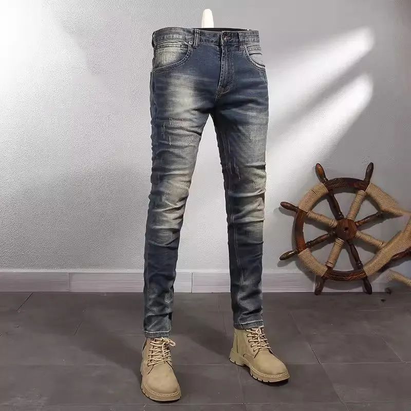 

Newly Designer Fashion Men Jeans Retro Washed Blue Stretch Slim Fit Ripped Jeans Men Italian Style Vintage Casual Denim Pants