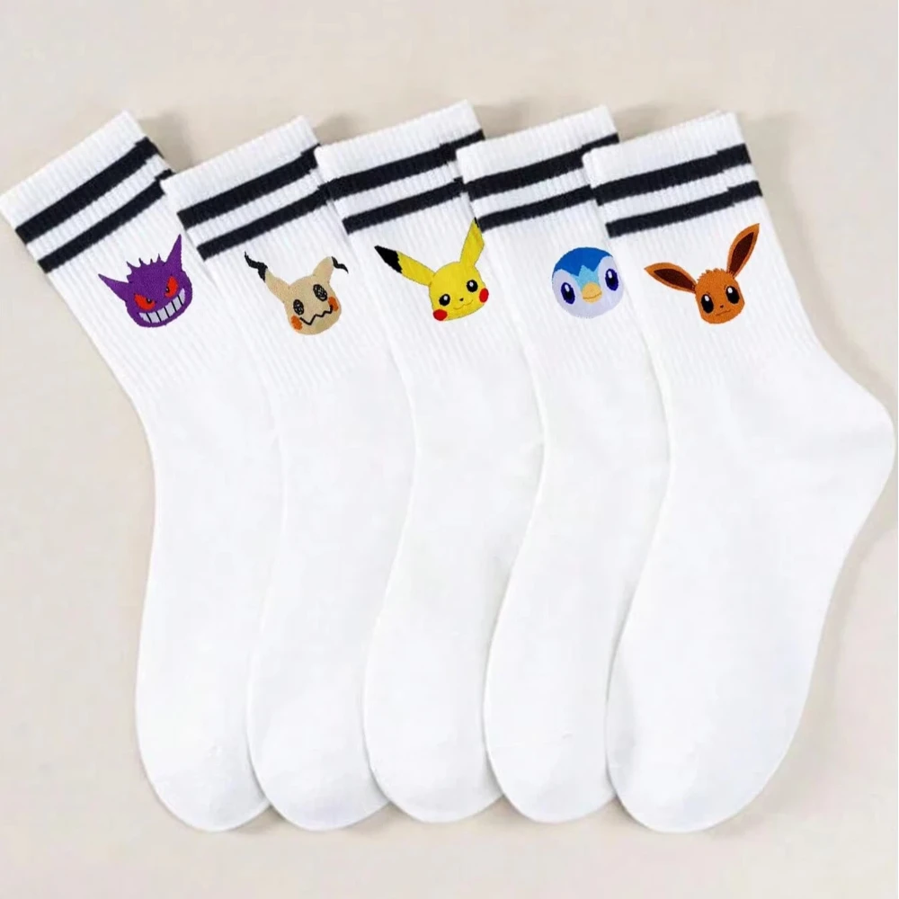 5Pairs of New White Double Striped Cuffs Cute Pocket Monster Character Printed Breathable Cotton Casual Women's Round Neck Socks