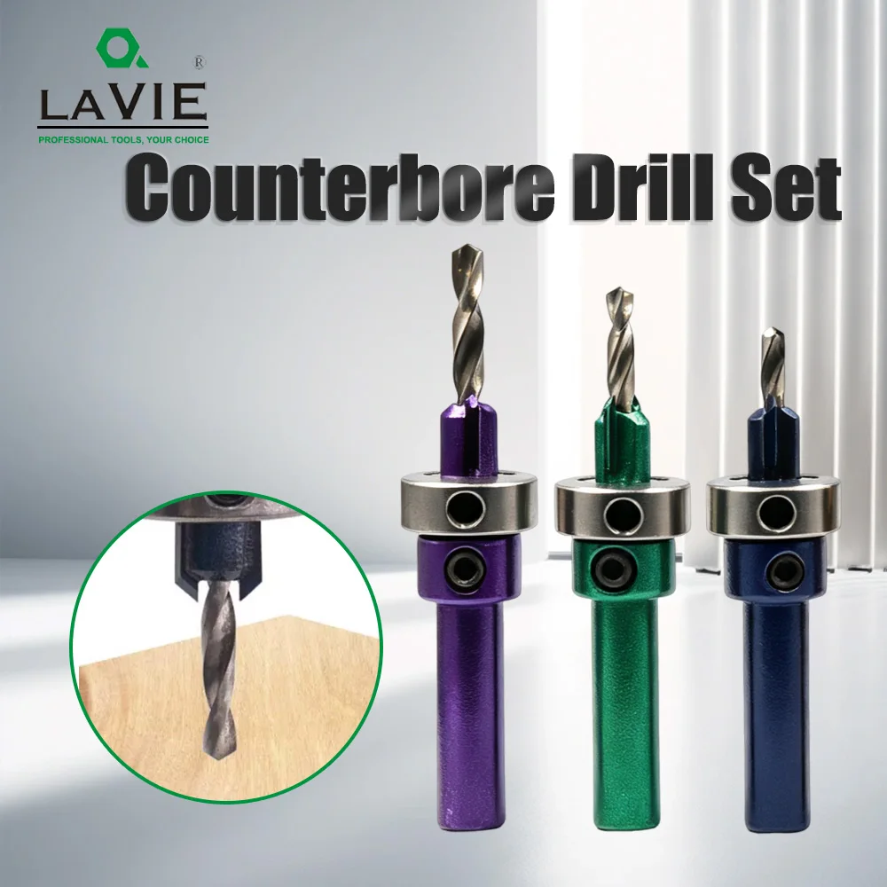 LAVIE HSS Countersink Drill Bits 5pcs, Wood Pilot Hole & Countersinking Tool With 8mm Shank, 2.8/3.0/3.2/3.5/4.0mm