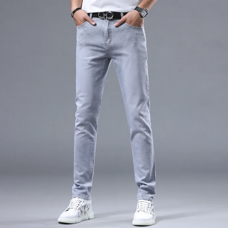 Pantalones vaqueros rectos informales de lujo para hombre, pantalones ajustados elásticos de color gris claro, a la moda, 2024