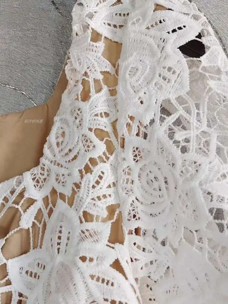 Summer Sundress Holiday Beige White Lace Prom Dresses donna manica corta colletto quadrato ganci per cintura Flower Ruffles Cake Vestidos