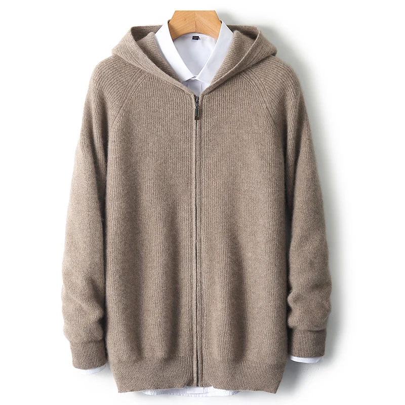 Men's Pure Wool Hooded Cardigan High-End Zipper Jacket Knit Hoodie Youth Long-Sleeved Coat Autumn Loose Base Shirt M3003011