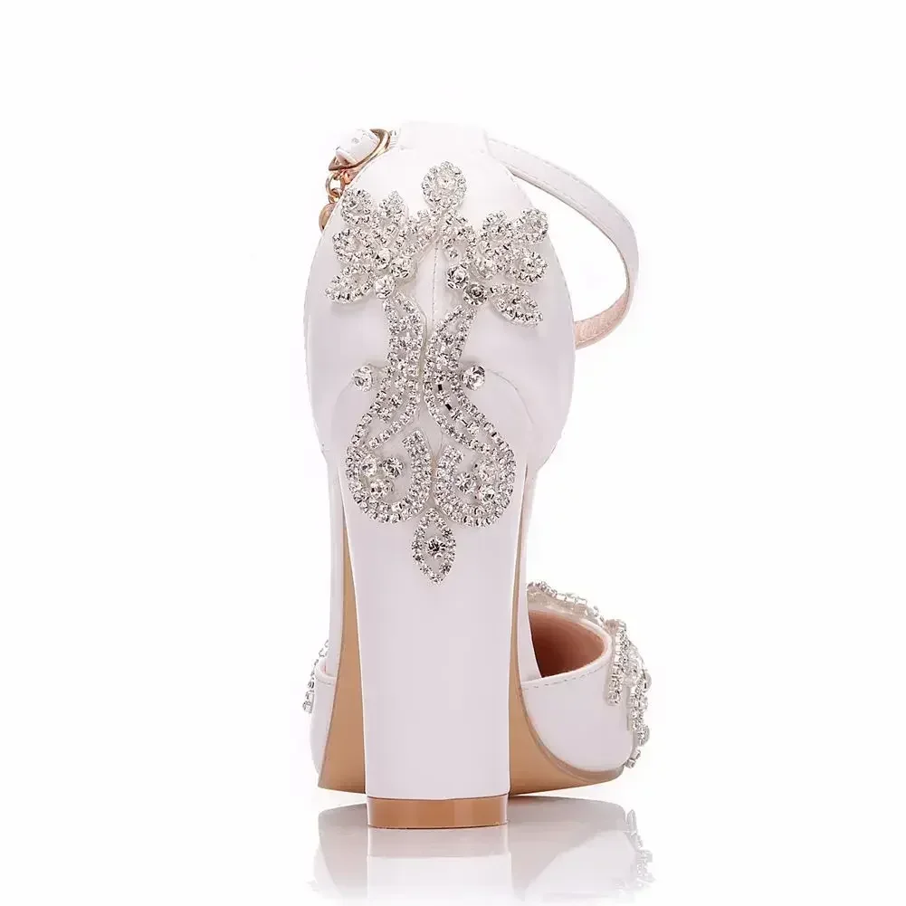 Zapatos de tacón grueso con punta estrecha para mujer, Sandalias de tacón grueso de talla grande, zapatos de boda con diamantes de imitación