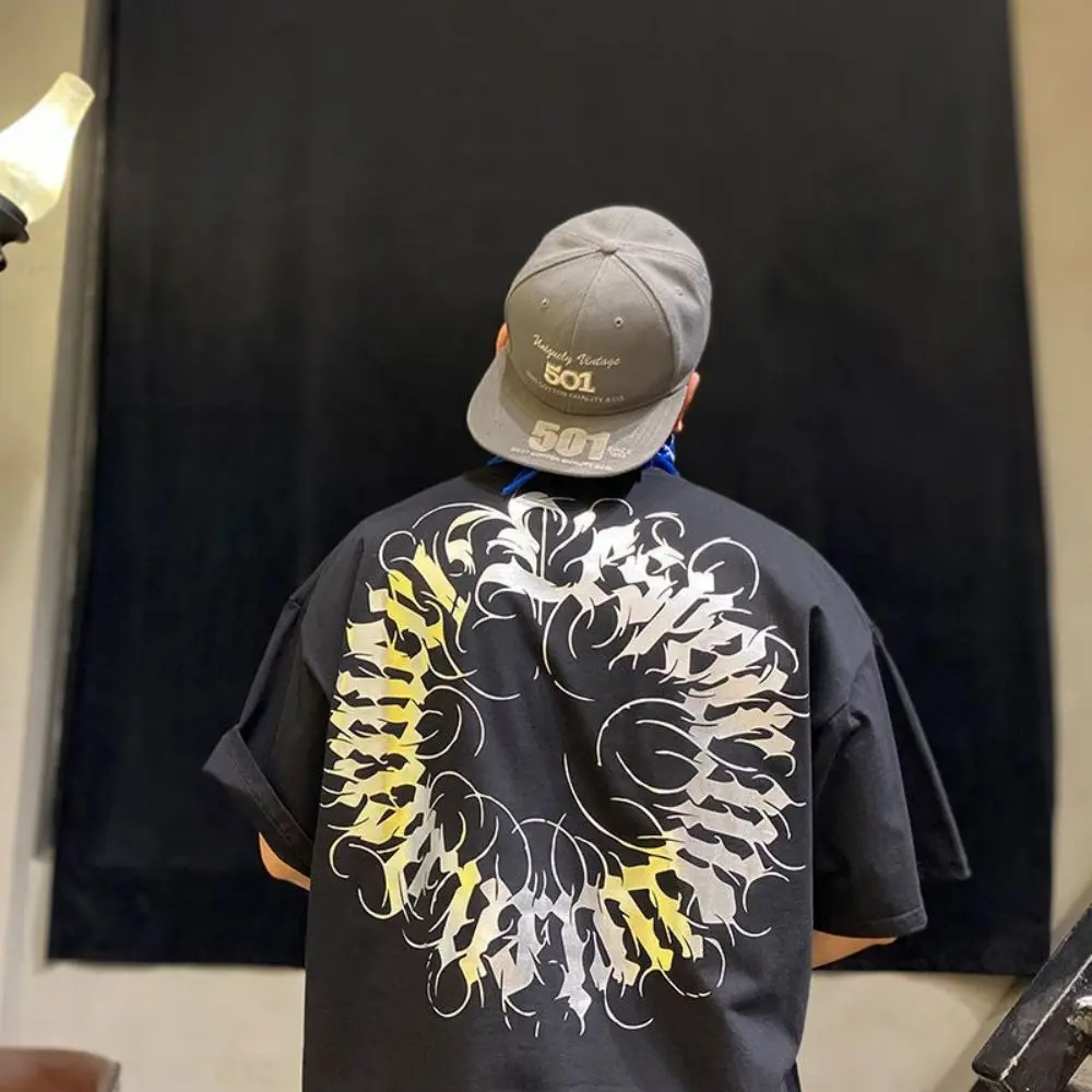 Summer Pure Cotton Fashionable Coast Dark  Loose Harajuku Short-Sleeved Workwear Retro Cartoon Anime T-Shirt Casual Printed Top