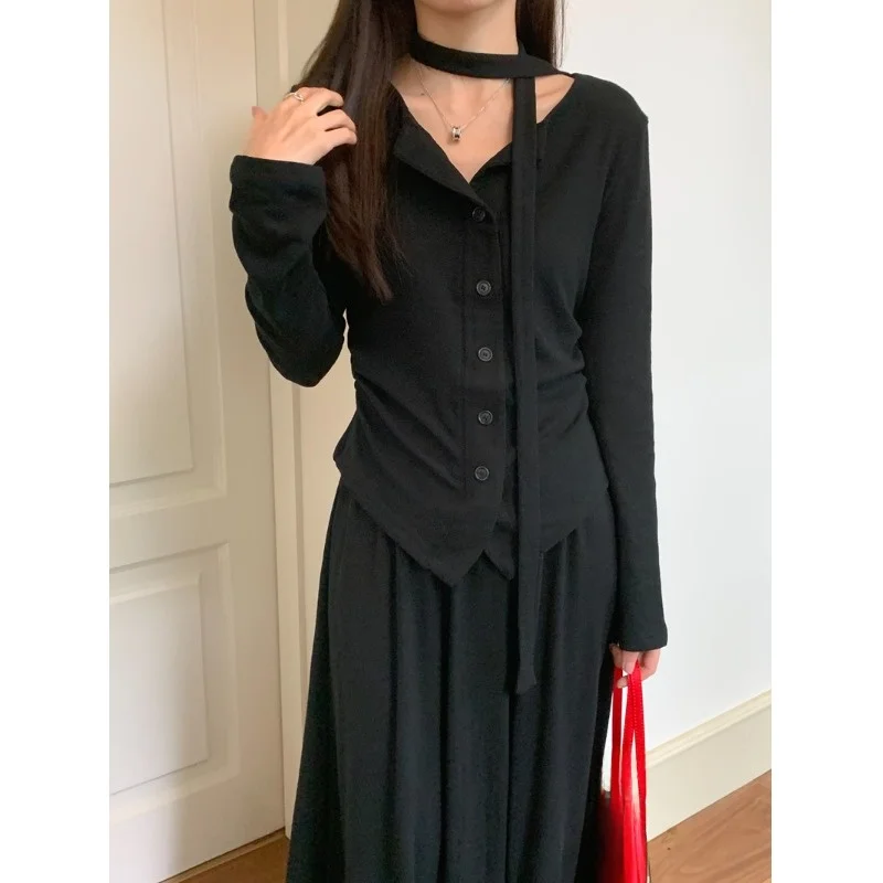 

Осенний новый дизайн, трикотажный топ с одной пуговицей и эластичной резинкой на талии, комплект с Sa, корейский Sle, женская мода