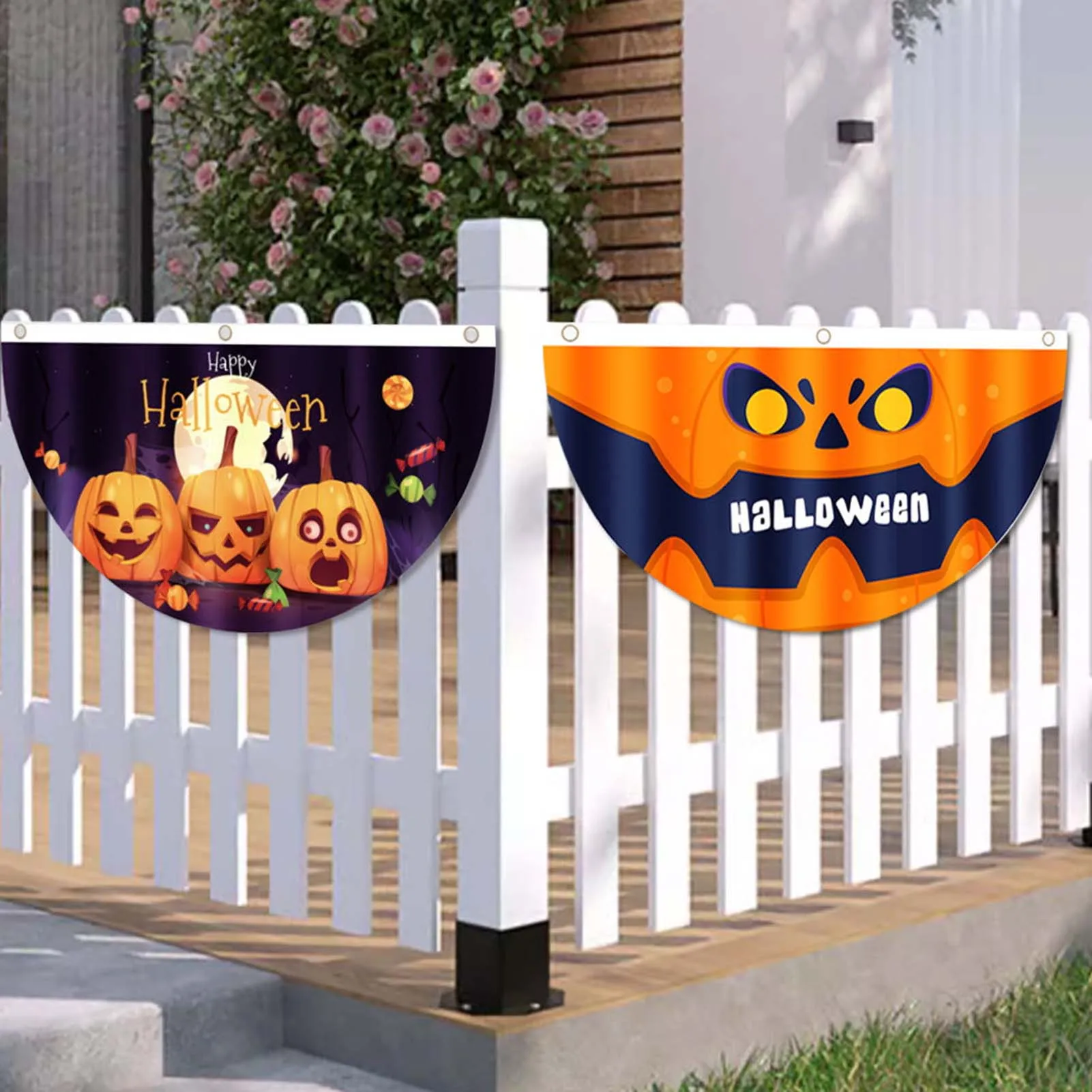 Halloween Yard Hanging Flag Fan-Shaped Flag Pumpkin Ghost Design Props Suitable for Harvest Autumn