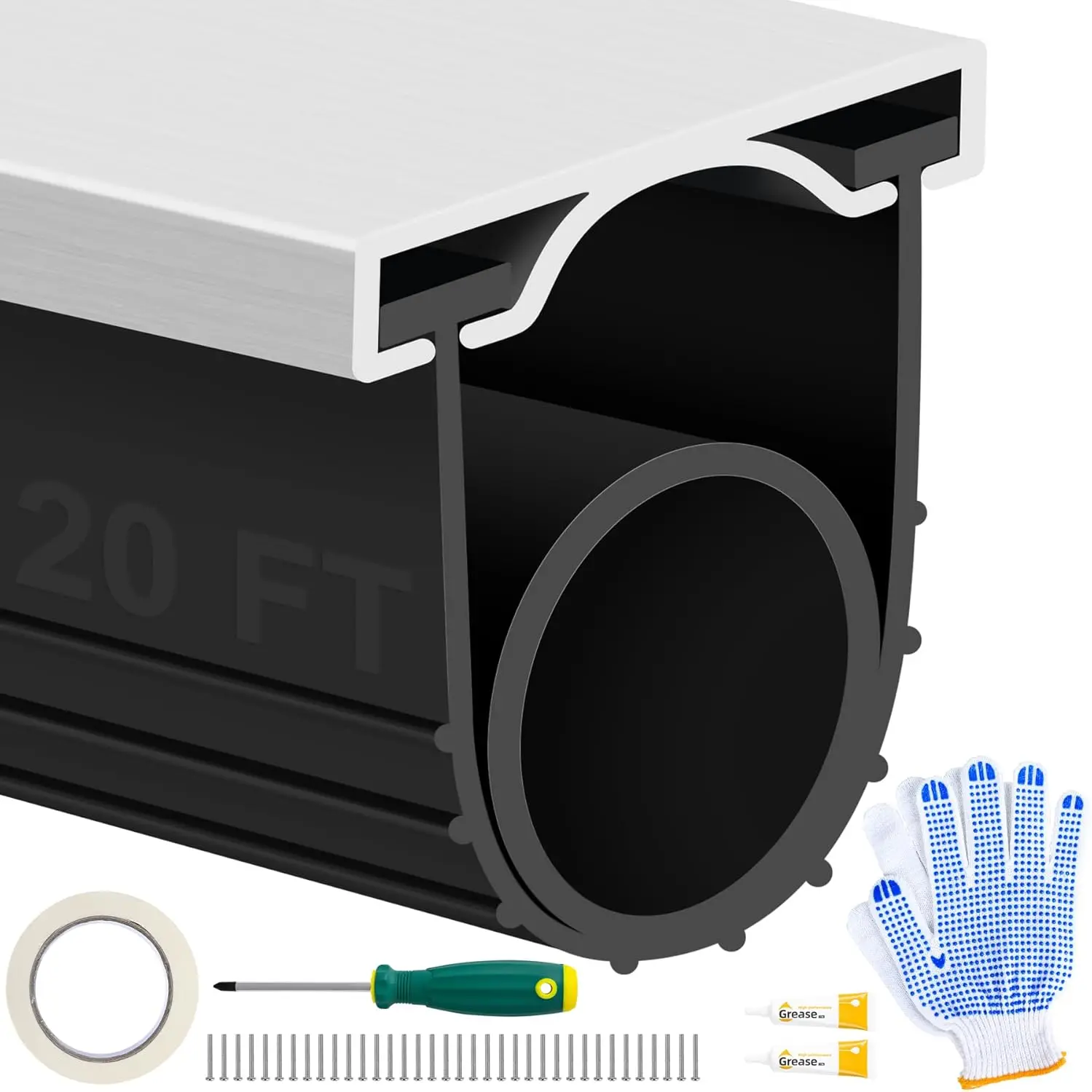 20FT Garage Door Bottom Seal Kit with Pre-drilled Aluminum Track, Weatherproof PVC Rubber for Wind and Water Protection, Black