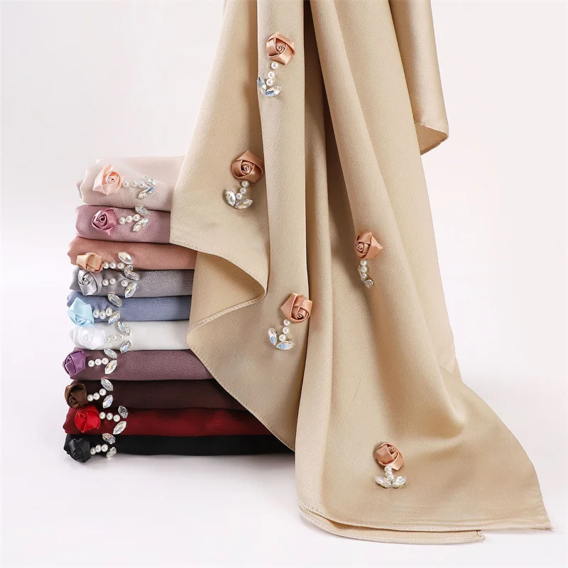 Plain Stitch Rose Floral Necklace Bubble Chiffon Hijab Shawl Lady High Quality Wrap Beach Bufandas Ramadan Islamic Muslim Sjaal