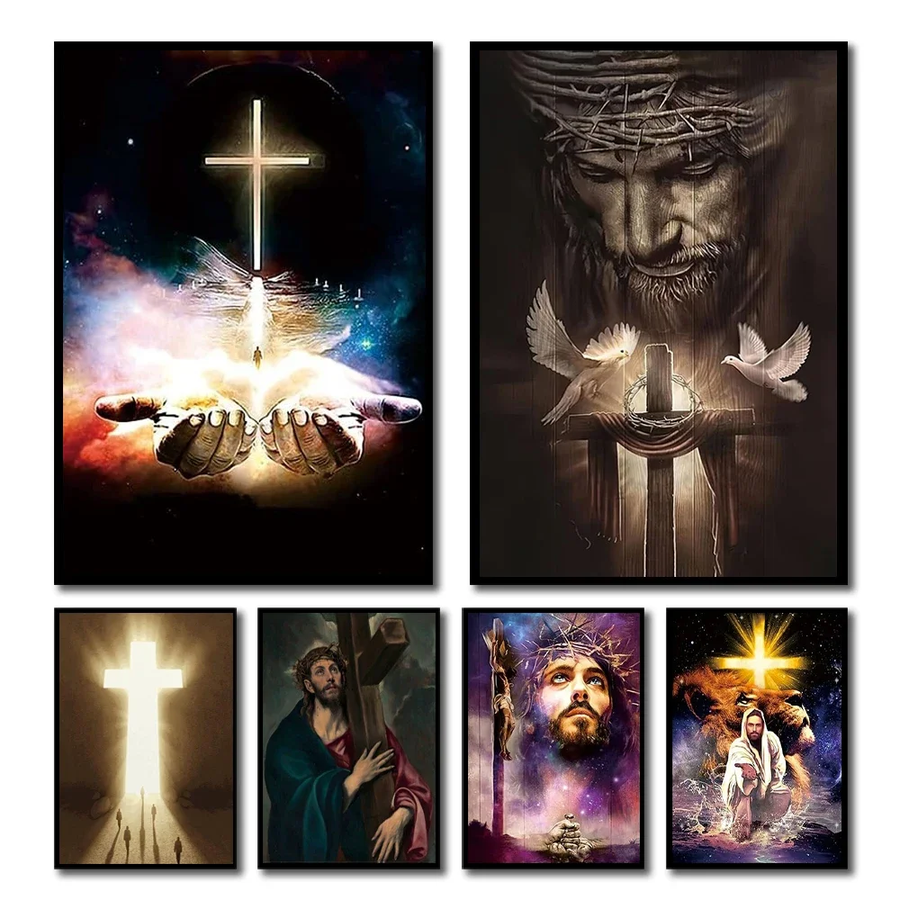 Multiple sizes 1pc frameless Canvas PaintingRisen Jesus Cross Art Poster Christian Religion Wall Art Canvas Print Painting Retro