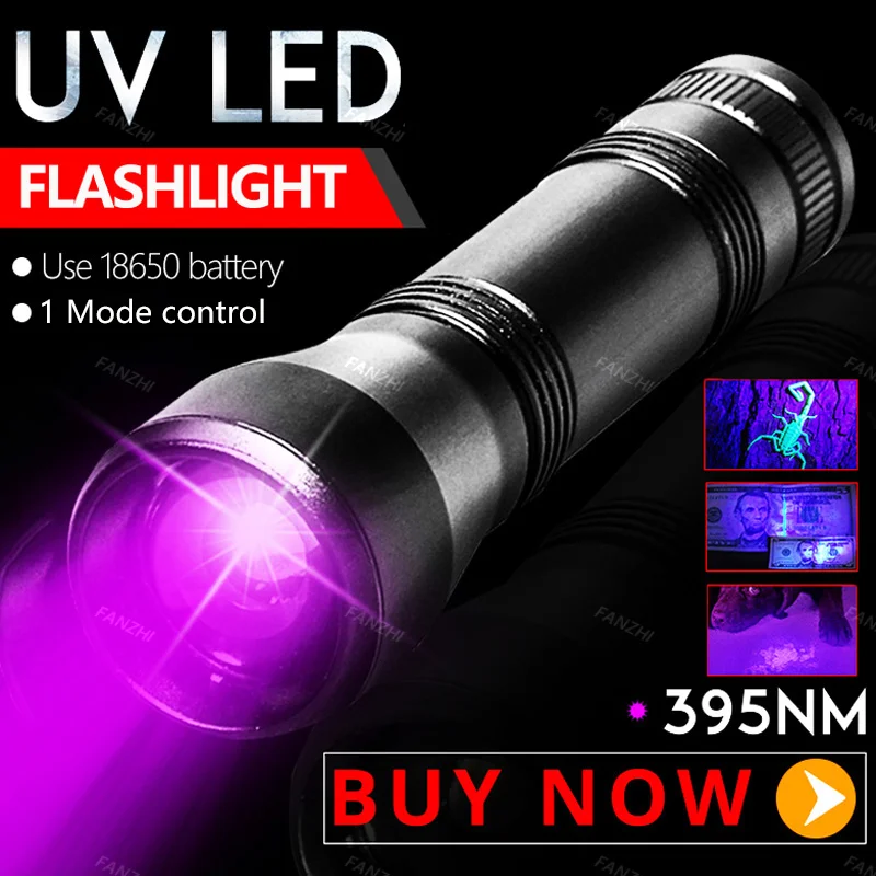 395nm LED UV Flashlight 18650 1 Mode Ultraviolet Torch T6 Purple Light Rechargeable Zoom Black Light Pet Urine Stains Detector