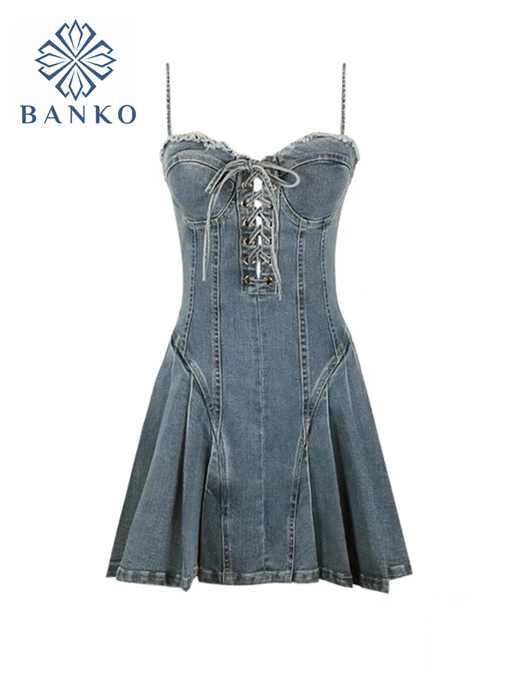 Women Denim Dress Hip Package Elastic Drawstring Lace Up Spaghetti Starp Mini Bodycon A-line Vestidos Sexy Streetwear Clothes