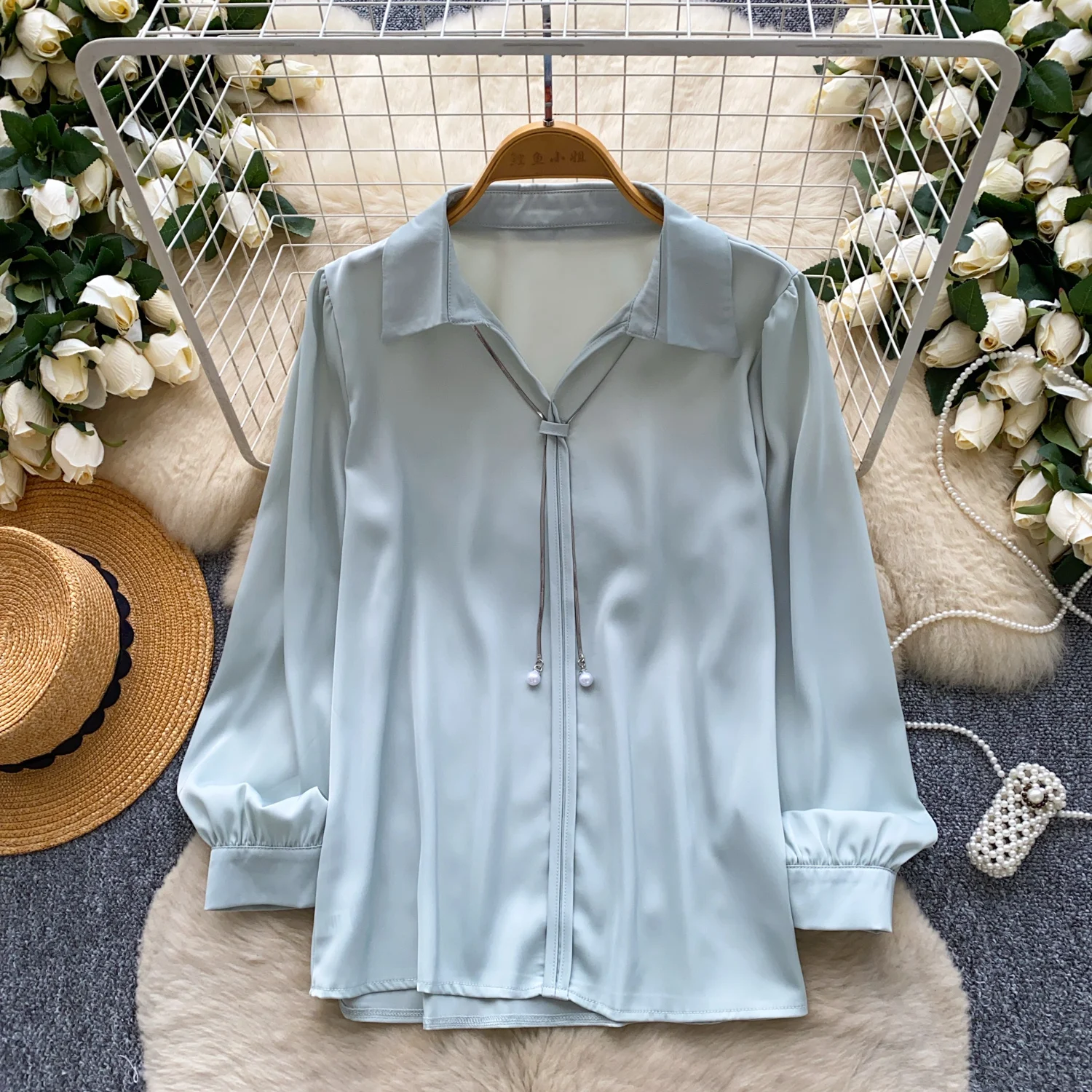 

Шикарная винтажная атласная блузка с отложным воротником и длинными рукавами в Корейском стиле, женская осенняя женская одежда