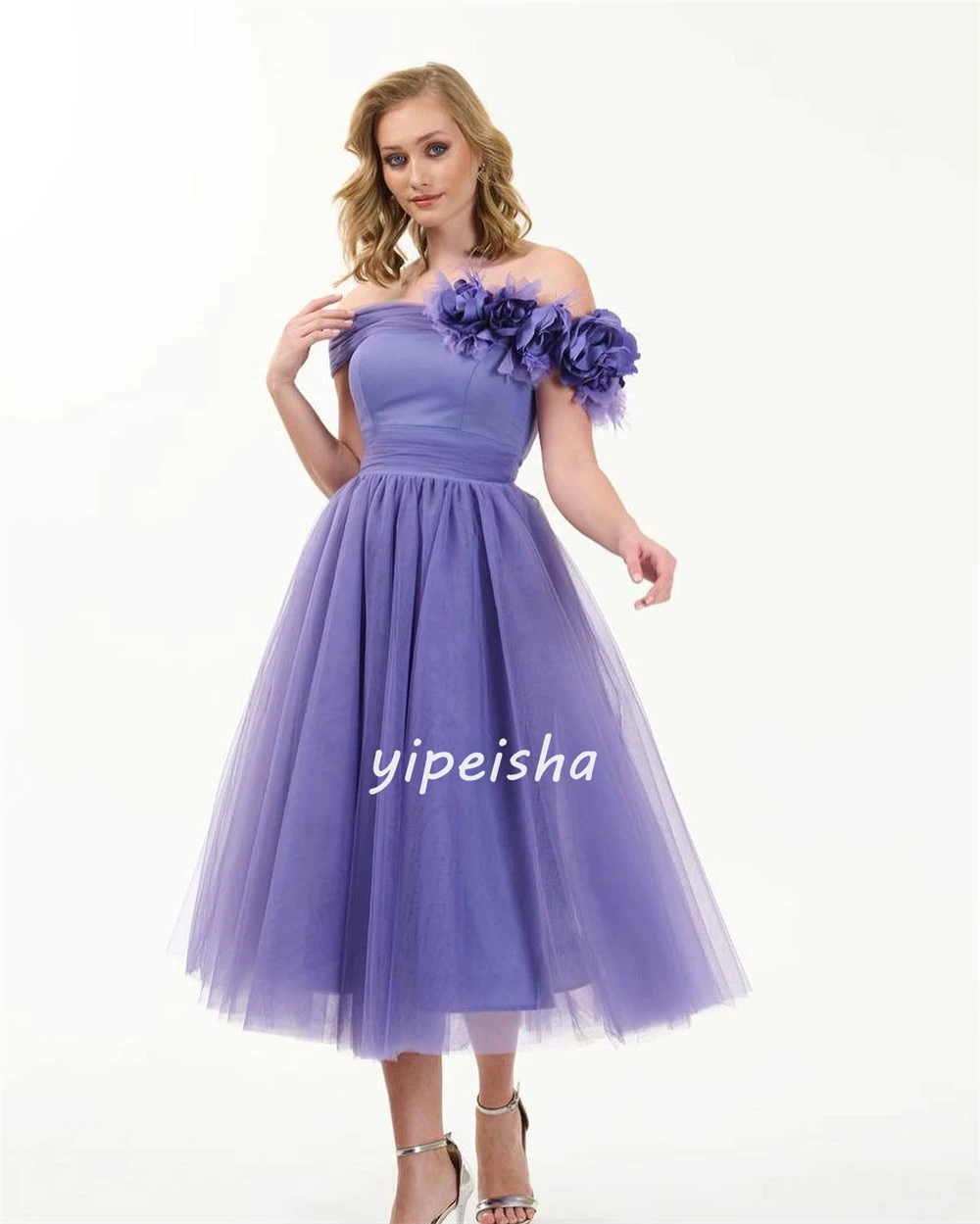 Customized Net Handmade Flower Feather Quinceanera A-line Off-the-shoulder Bespoke Occasion Gown Midi Dresses