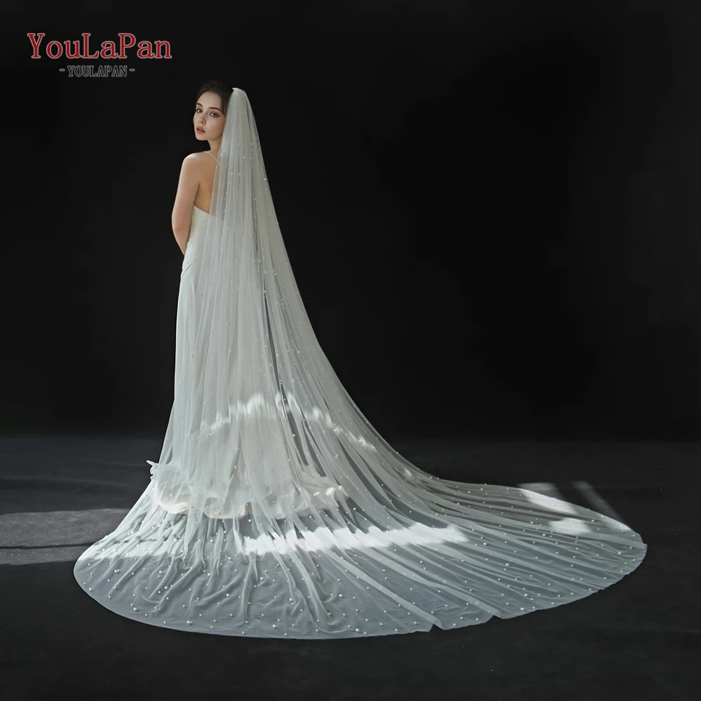 YouLaPan V09A Gorgeous Bridal Veil with Beaded Pearl 5M Cathedral Length Wedding Veil with Comb 3m Wide Veu Large and Small Pear