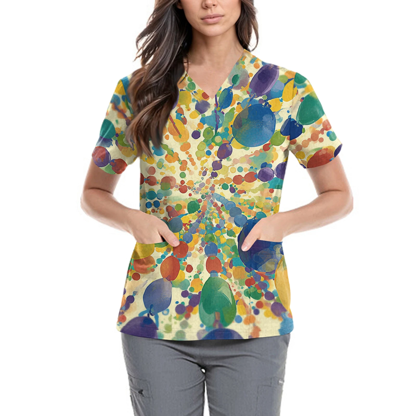 Uniformes de enfermeira feminina manga curta pulôver básico com decote em v camisetas moda reuniões e passeios topos versátil carnaval topos