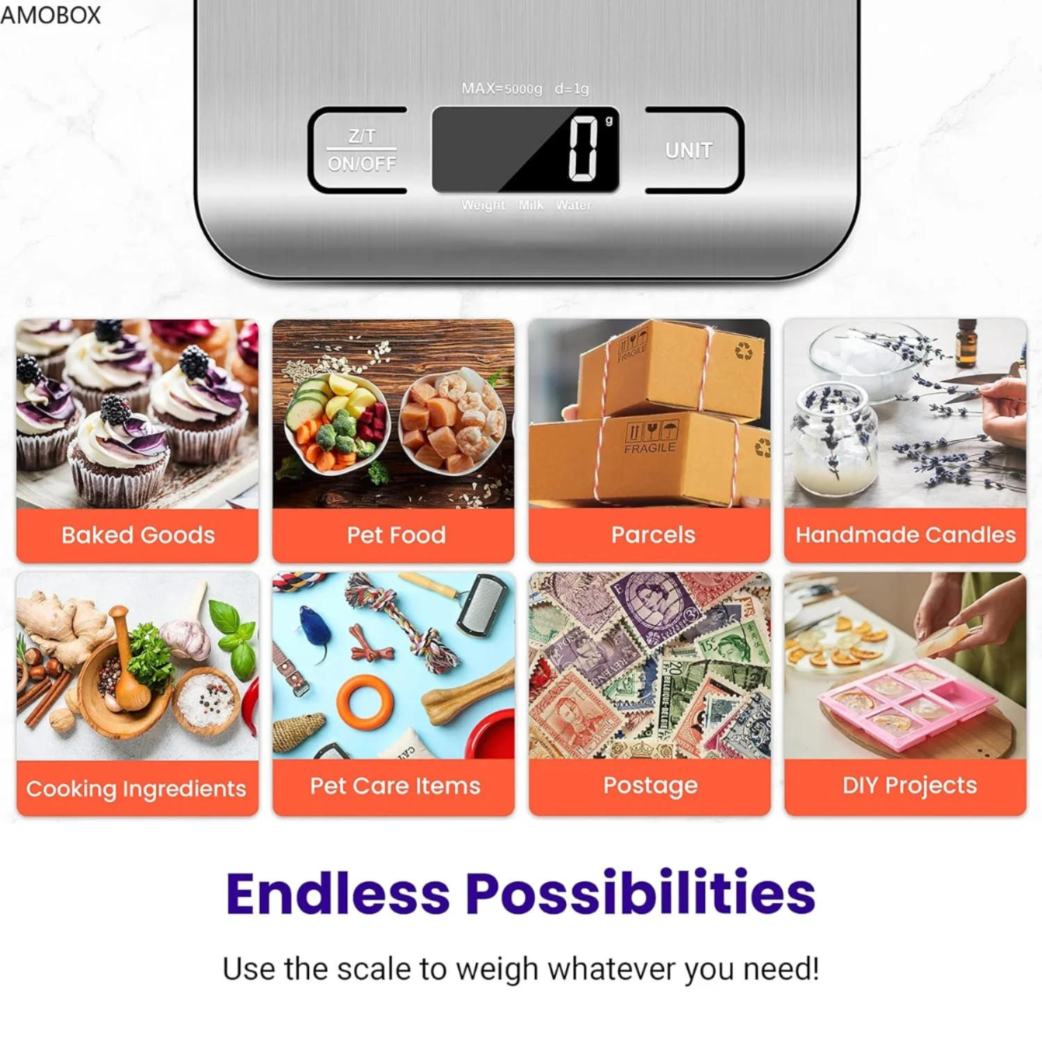 ميزان الطعام AMOBOX، ميزان المطبخ الرقمي، 304 من الفولاذ المقاوم للصدأ، الوزن في جرام وأونصة الخبز، الطبخ، إعداد الوجبات، شاشة LCD