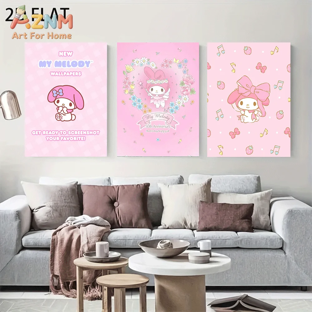 AZNM My Melody Canvas Wall Art Unframed Cute Cartoon Print Poster Flower Strawberry Music Note Bow Kawaii Pink Pastel Design for