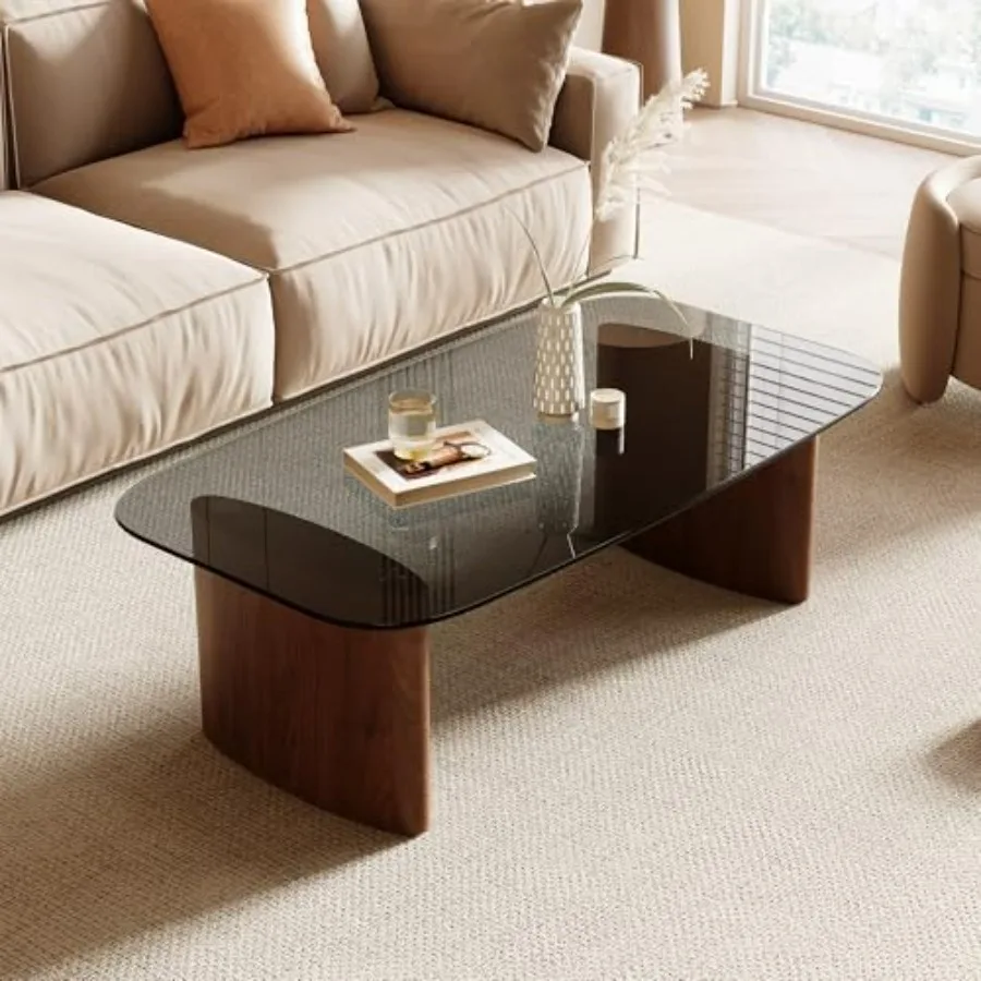 

Modern Glass Coffee Table for Living Room Tempered Glass-top with Sturdy Wooden Base Minimalist Design in Walnut Ideal for Smal