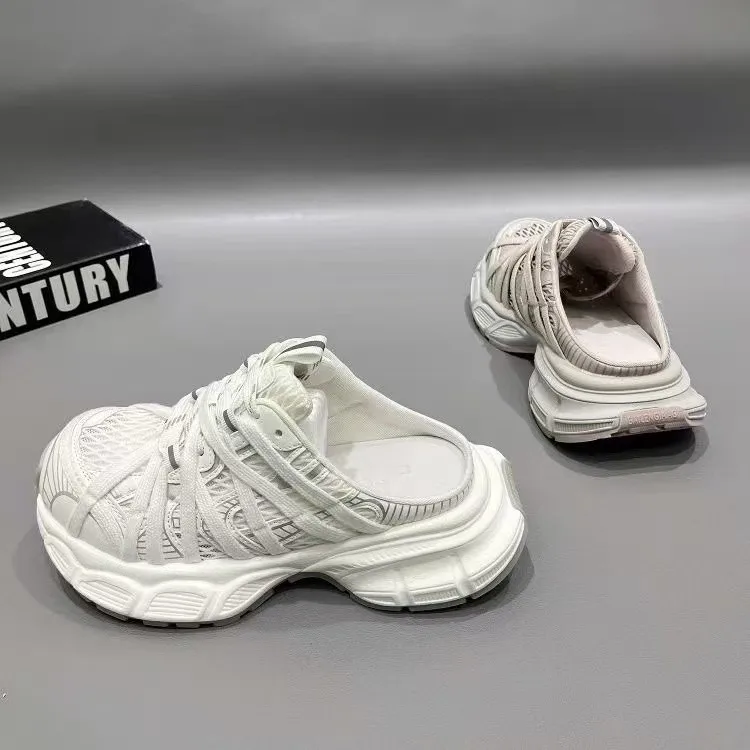 2026 New Summer Retro Versatile Colorblock Women's Double Button Baotou Half Slippers Outside Platform Casual Shoes