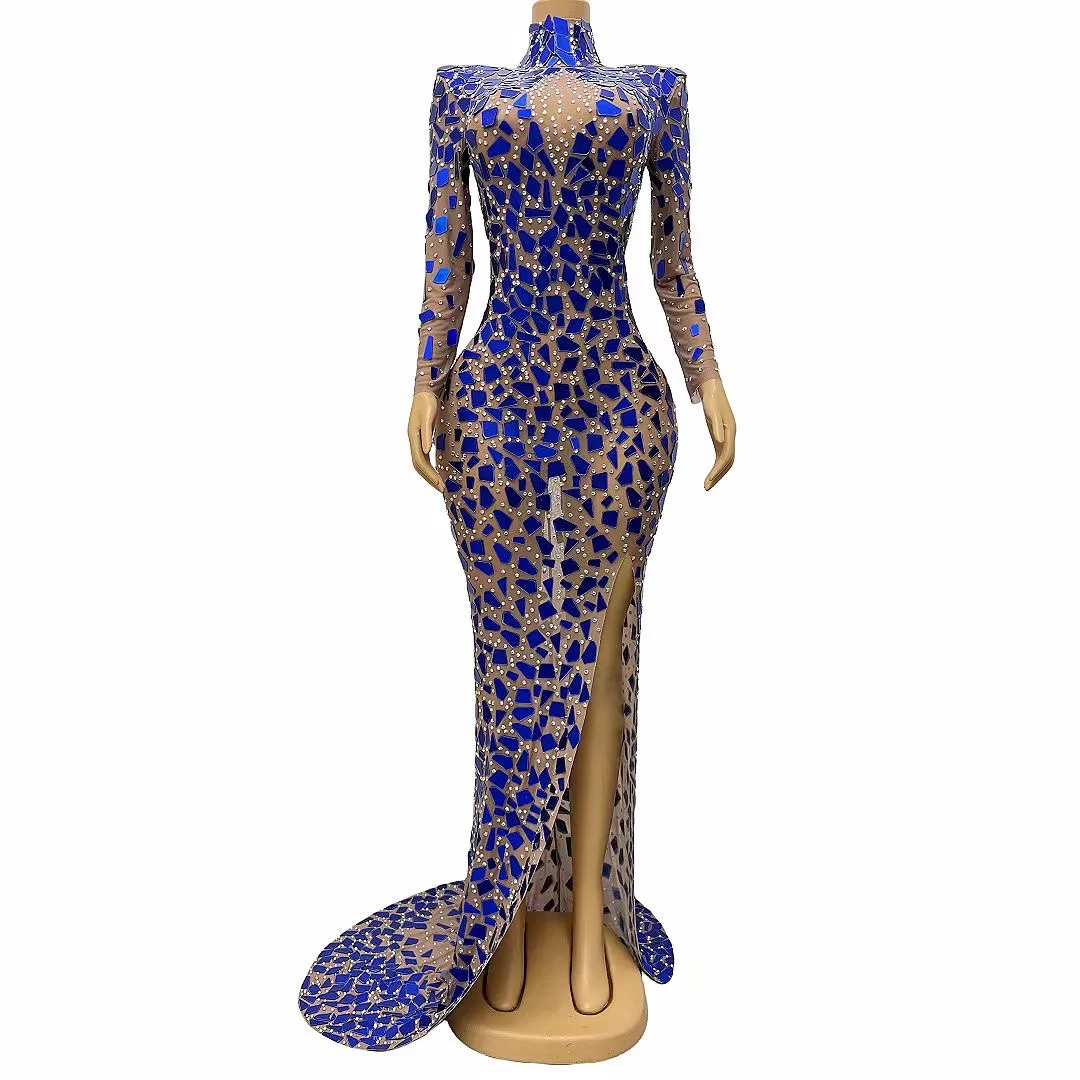 

Evening Celebrate luxurious Blue Mirrors ransparent Long Train Dress Fashion Rhinestones Performance Outfit Costume lanjing C124