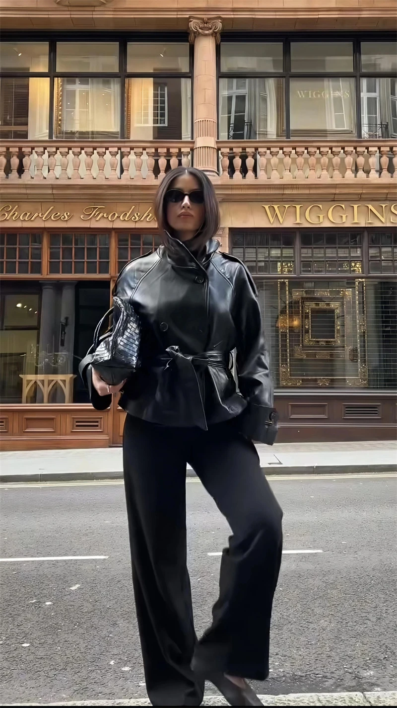 Guobioziy Women's Faux Leather Jacket 2026 Spring-Autumn New Arrival Solid Color with Button Design Euro-American Casual Fashion