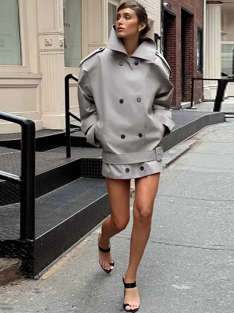 الرجعية رمادي خندق معطف المرأة فضفاضة مزدوجة الصدر سترة التلبيب كم كامل Cinched الخصر التعادل سترة واقية 2025 الخريف ملابس خارجية #2