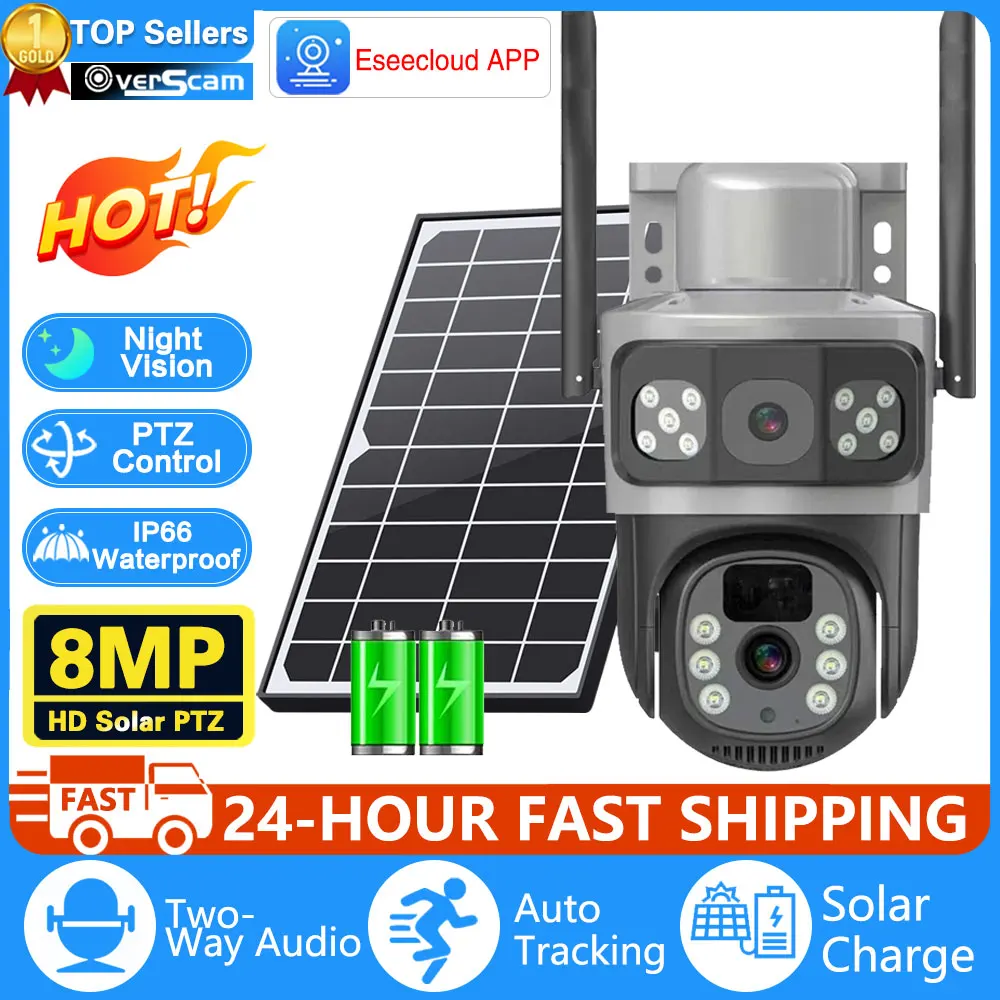 camera de seguranca externa com lente dupla 4k 8mp wifi bateria solar cartao 128g tela dupla camera ptz deteccao humana pir protecao cctv 01