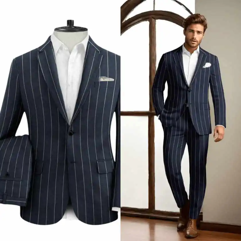 Business Wedding Tuxedos Pinstripe Jacket Pants Slim Fit Men Suit Casual Single Breasted Groom Evening Blazers Customized