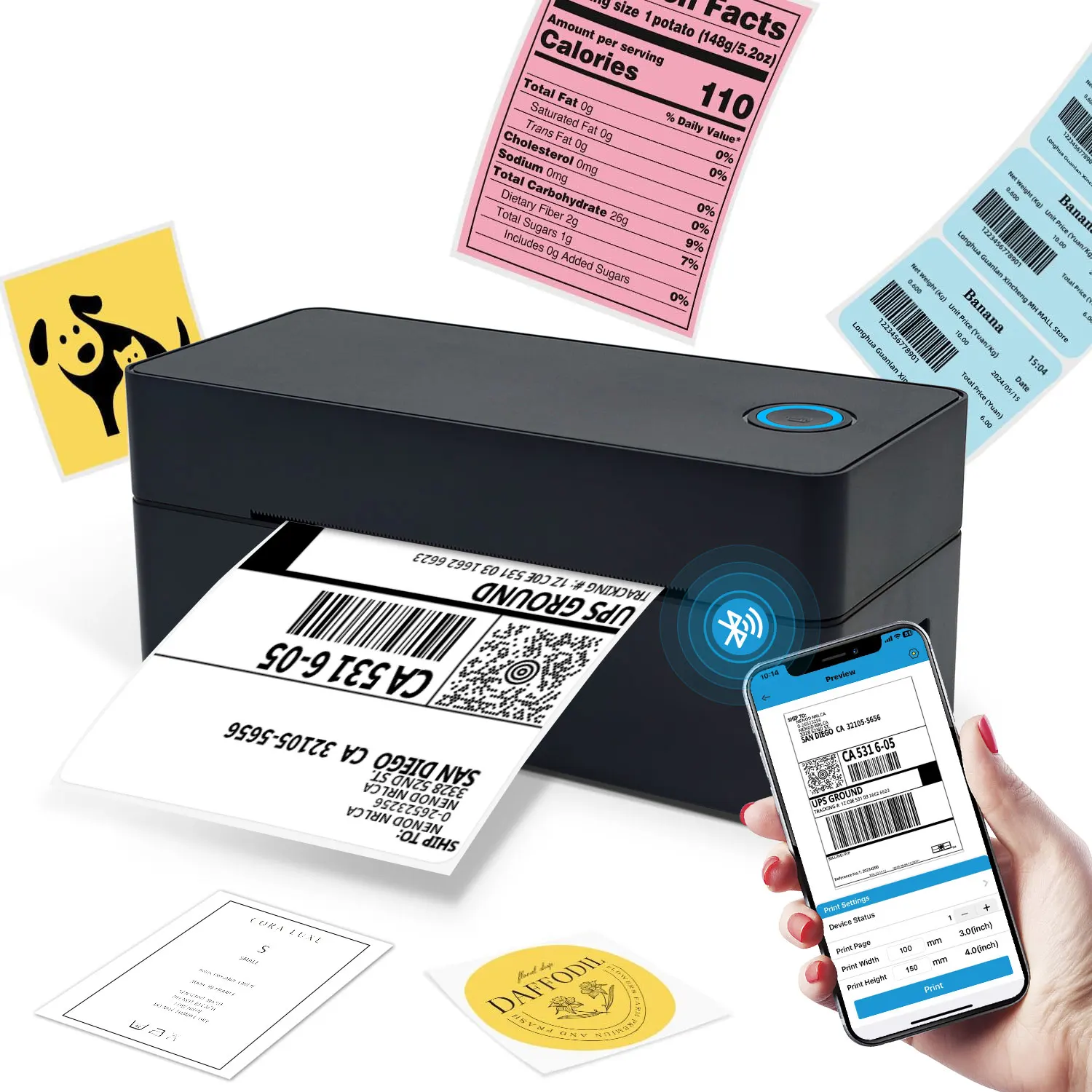 Portable Inkless 4 X 6 Inch Thermal Shipping Label Printer Bluetooth Printing Machine For E-commerce Package Mailing