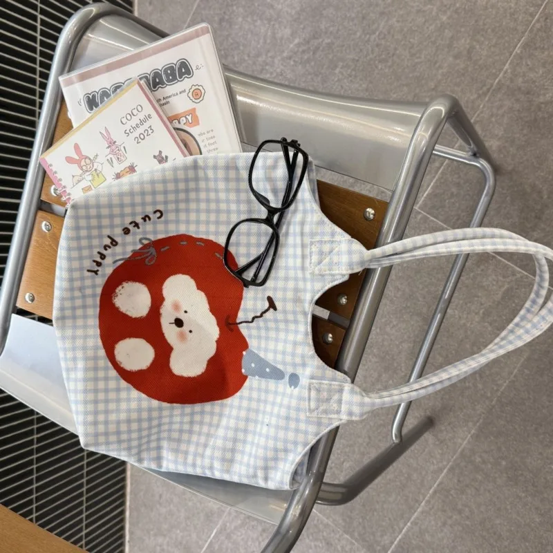 Apple Plaid Dog Tote Bag Y2K Cartoon Printed Velvet Illustration Shoulder Bag Commuting Student Bag High Capacity Zipper Itabag