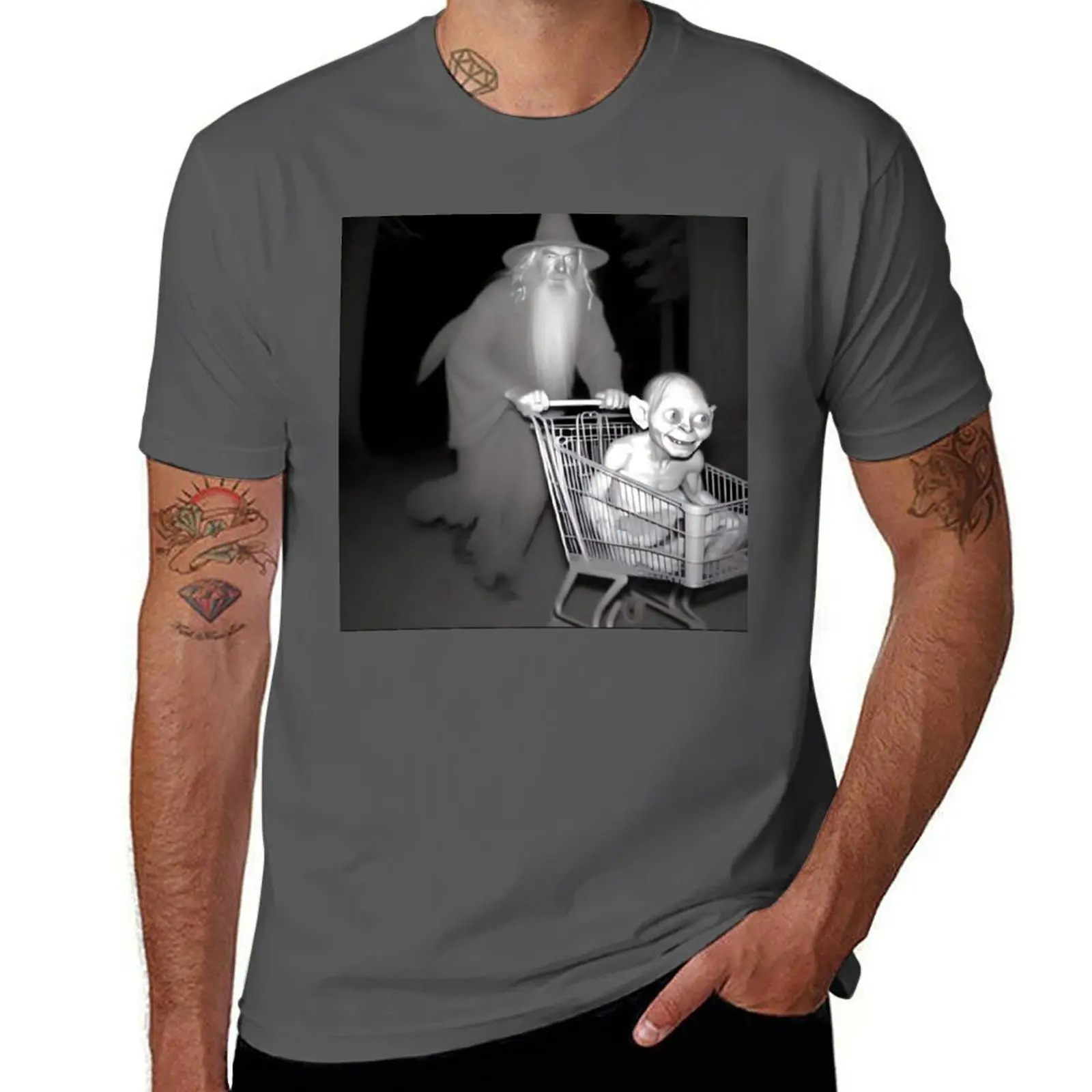 

Wizard pushing a trolley with creature T-Shirt Novelty Print Casual Tee Shirt