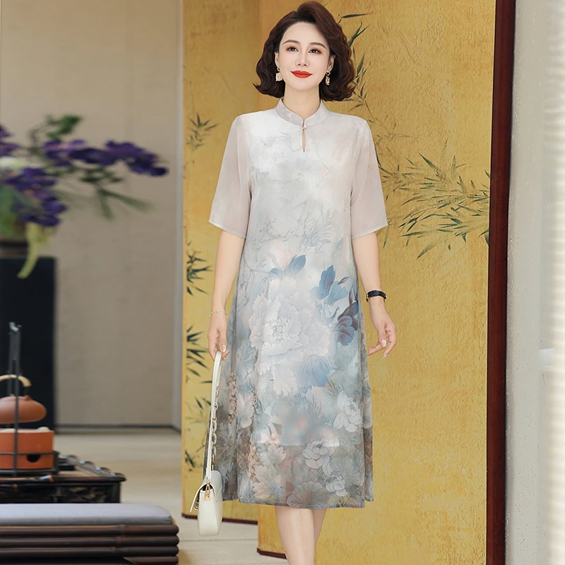 Robe longue élégante pour femmes, Style chinois, légère, à la mode, sensation haut de gamme, robe imprimée de fleurs