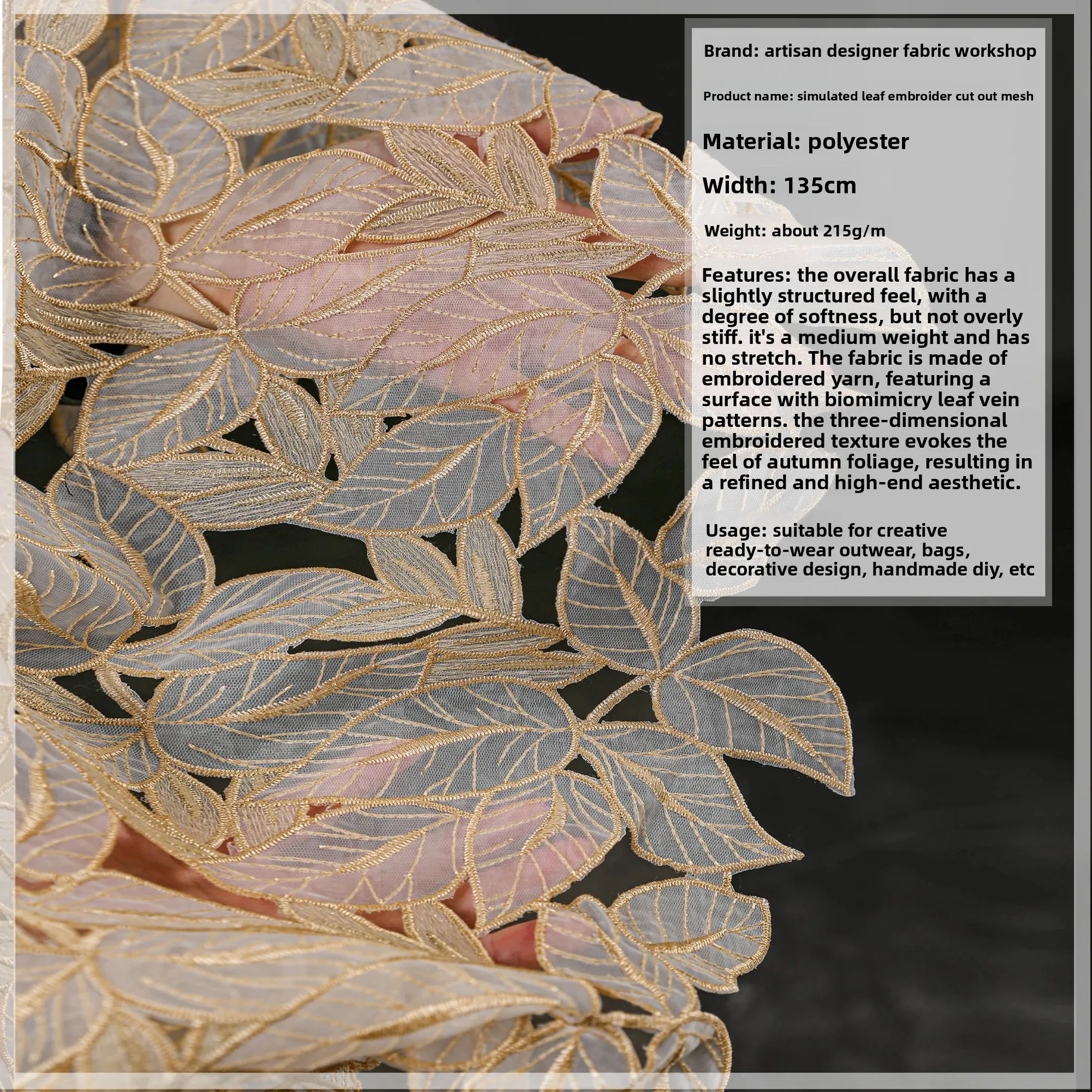 

Gold Thread Embroidery Leaves Hollow Embroidery Fabric Haute Couture Dress Mesh Lace Dress Skirt Clothing Design Fabric