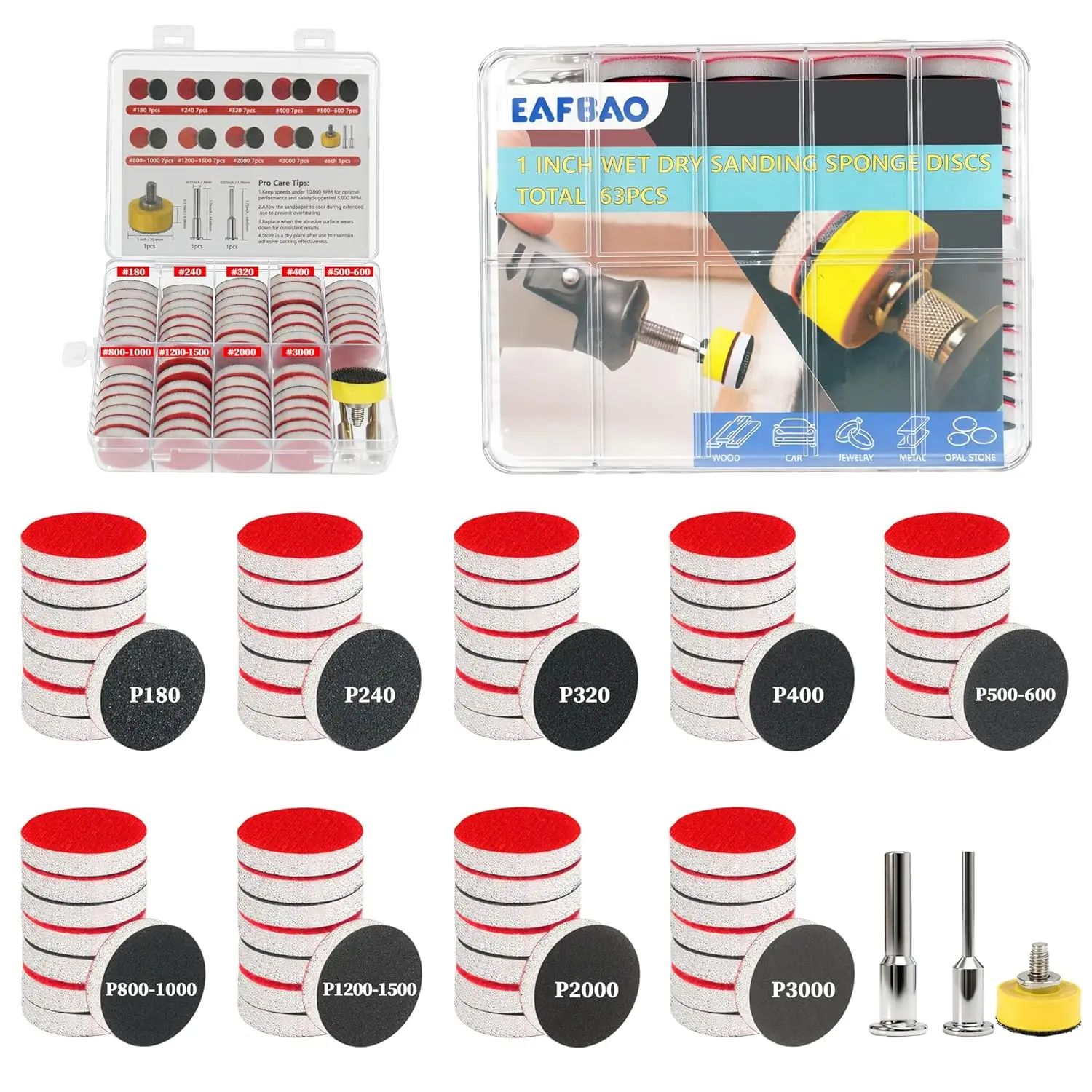 

63 PCS 1 Inch Sanding Discs for Drill with Hook and Loop, Wet Dry Pads 180-3000 Grit for Curved Surfaces on Wood Metal