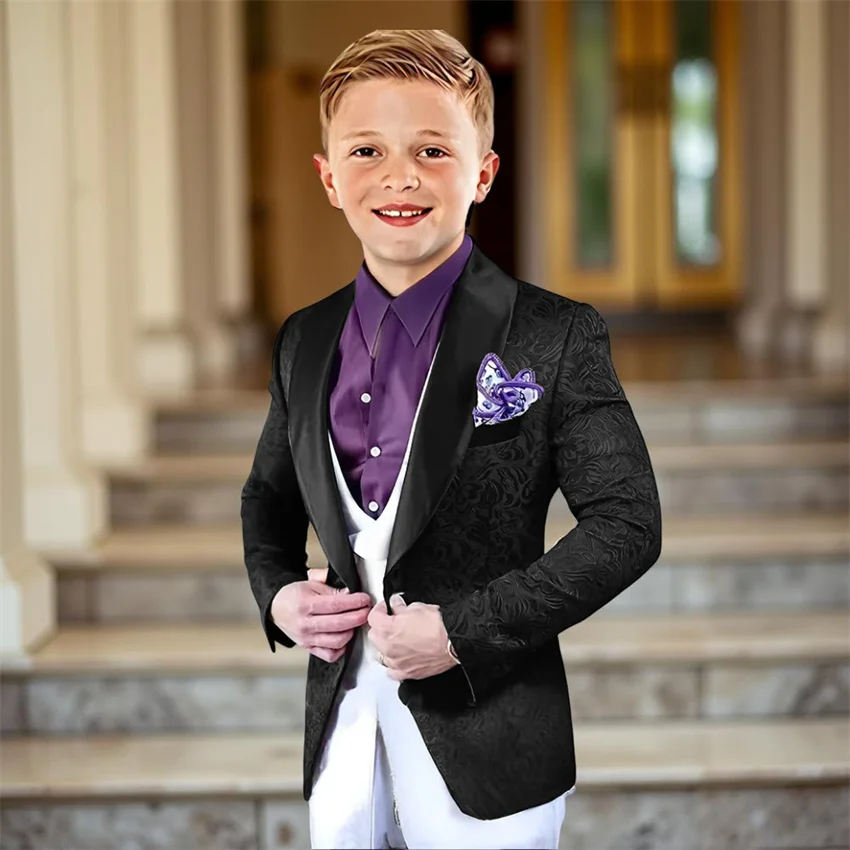 

Floral Boys Suits for Wedding 3 Pieces Groom Tuxedo Set Jacket with White Waistcoat Pants 3-16 Years Old Kids Jacquard Suit