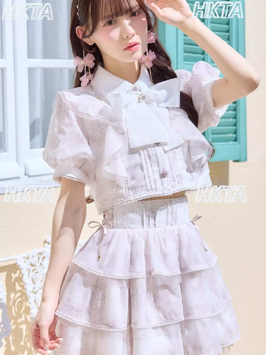 Japanese Sweet Multi-layer Ruffle Puffy Cake Skirt Women Summer New High Waist Pleated Mesh Lolita Skirt Short-sleeved Shirt Top