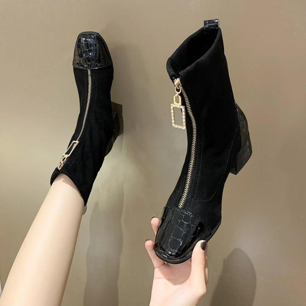 Front Zipper Autumn and Winter New 2022 Temperament Women\'s Boots Short Boots Thick Heel Elastic Fashion Women\'s Shoes Ankle