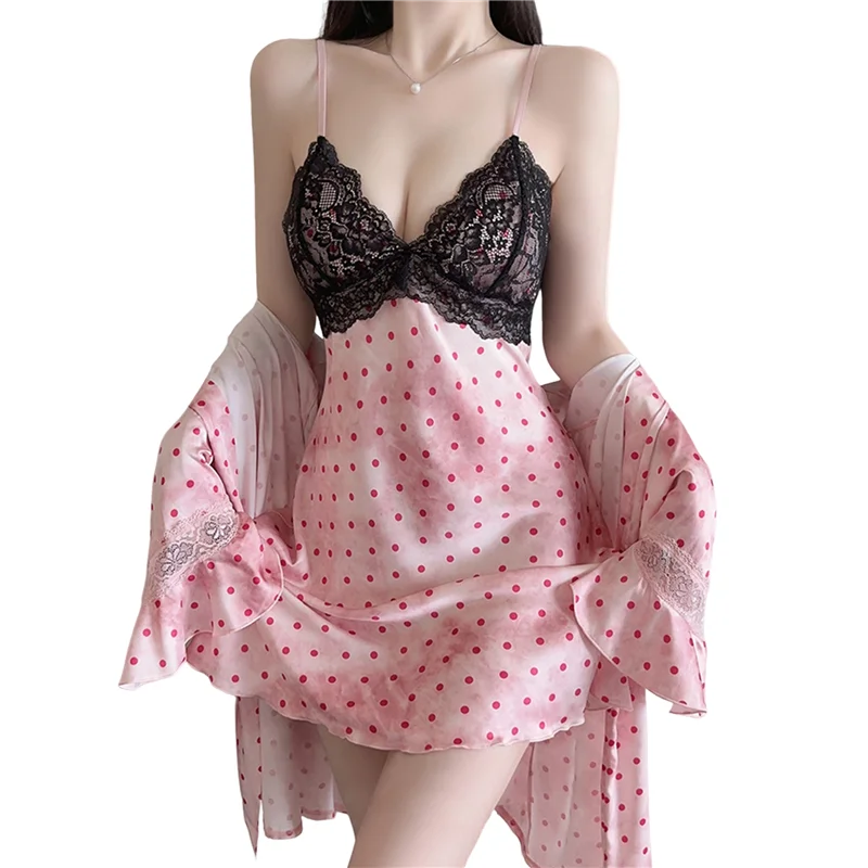 

Женская милая ночная рубашка с v-образным вырезом и девятью точками, атласная кружевная ночная рубашка в горошек, верхний халат, розовый, один размер