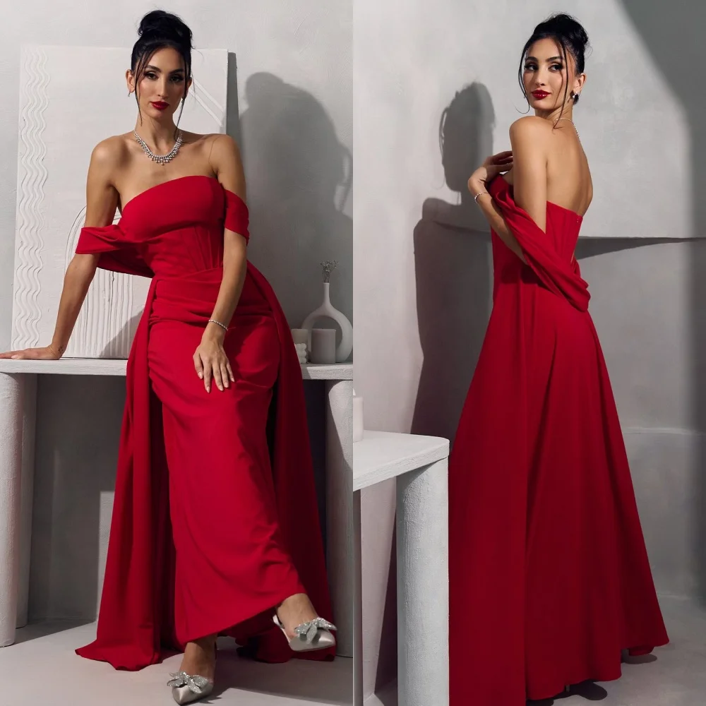 

Customized Sizes Available Simple Jersey Pleat A-line Off-the-shoulder Long Dresses Bespoke Occasion Dresses Modern Style