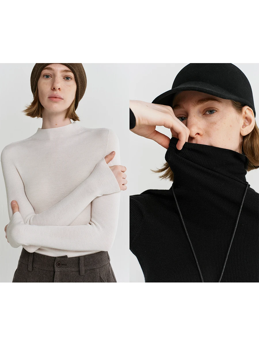 

Amyy Studios 00% Wool 20S Yangzi Yarn Thiened Sl One-Piece f High Collar High Collar Base irt Women's Knitted ...