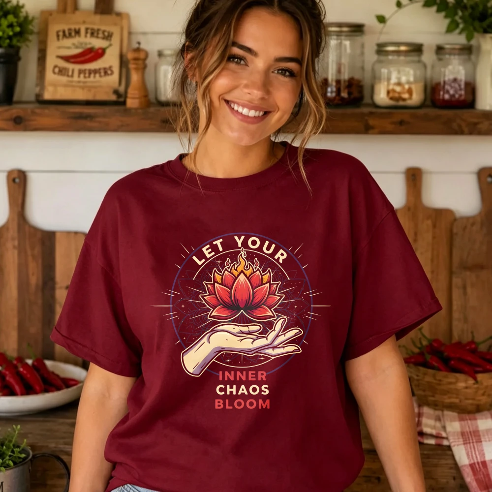 Let Your Inner Chaos Bloom Hand Lotus Flower Graphic T Shirt Spiritual Zen Meditation Women Retro Circle Print Loose Cotton Tees