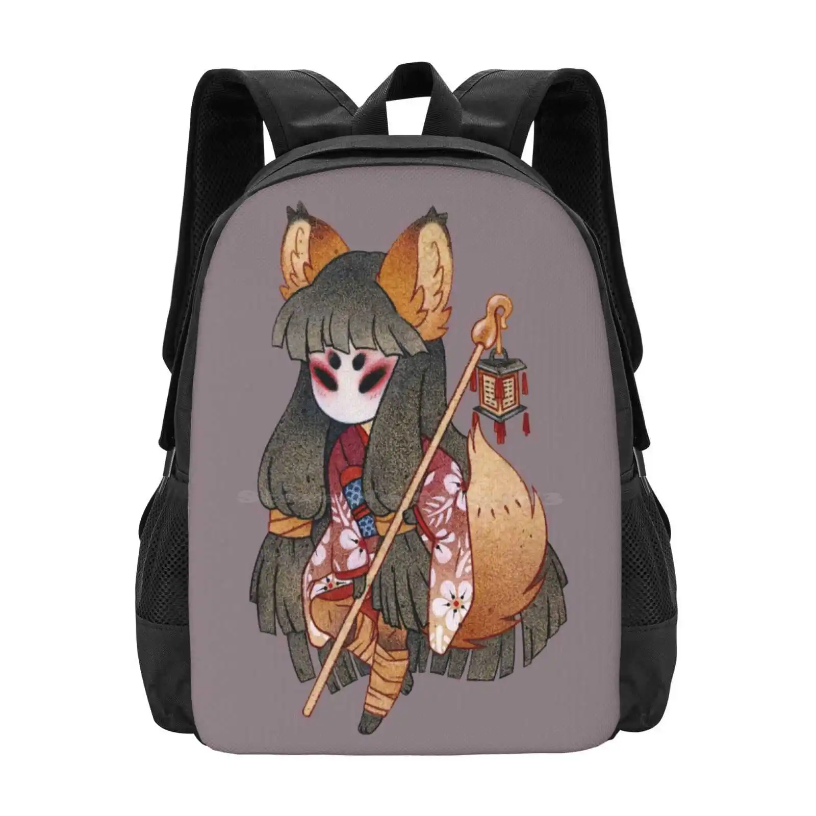 Mysterious Fox Girl-Yokai Teen College Student Backpack Pattern Design Bags Tea Fox Illustrations Yokai Youkai Cute Kawaii