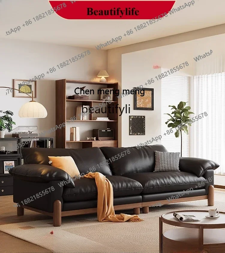 

X S8617French retro style sofa straight row living room small apartment black first layer leather sofa
