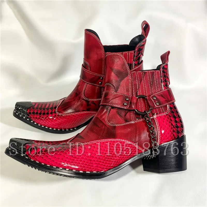 Pointed Toe Chain & Buckle Strap Western Ankle Boots Men Designer New Snake Print Genuine Leather Block Heel Cowboy Boots